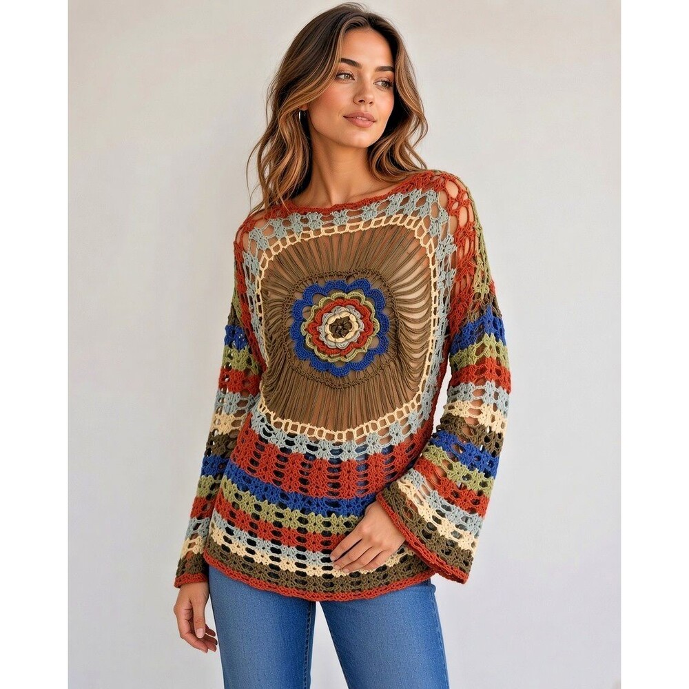 Atmosphere Open Knit Crochet Boho Top spiderweb madala, size not marked